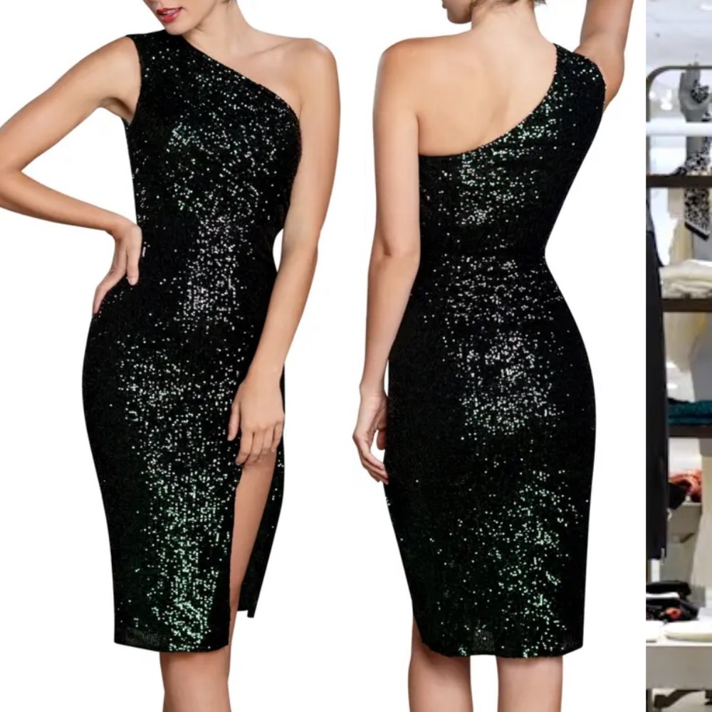 Dress the Population one shoulder sequin dress dark green sizeXS EXCELLENT con.